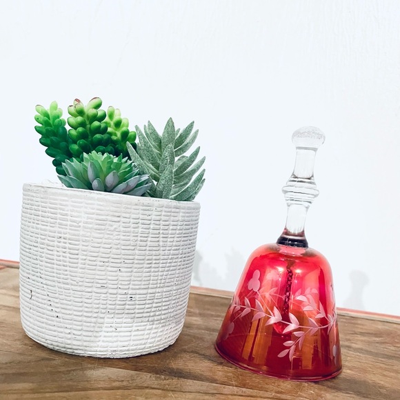 Vintage Dinner Bell Cranberry Ruby Red Etched Floral Glass - Picture 1 of 12